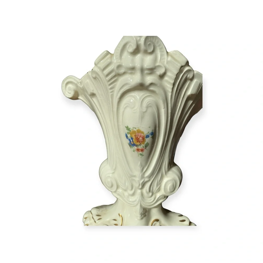 Vtg Paul's Gifts USA 9949 Victorian Fan Vase Ceramic Gold Gilt Floral Planter